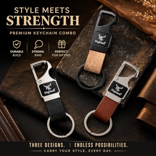 Highlark Heavy Duty Metal Carabiner Keychain with Leather Strap for Men & Women | Premium Belt Clip Key Holder | Secure Spring Lock Key Ring for Car, Bike & Office Keys (Pack of 3) - Image 2