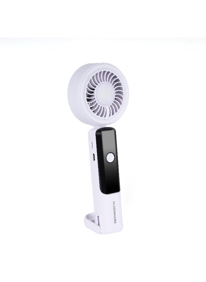 3-inch Rechargeable Portable Fan | 100-Speed Control, COB LED Light, 12+ Hours Working Time | Digital Display, Table Stand | OMF1953 Black and White