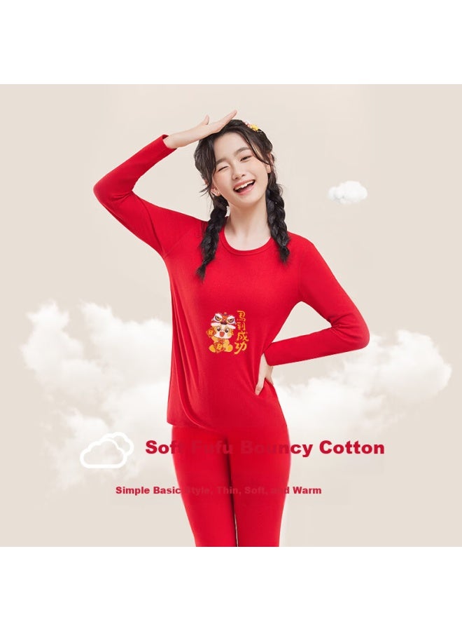LANG SHA Langsha Youth Red Thermal Underwear Set For Women, Pure Cotton, Qi Ji Red, Suitable For High School Students, Year Of The Horse Autumn Clothes And Pants - Image 5