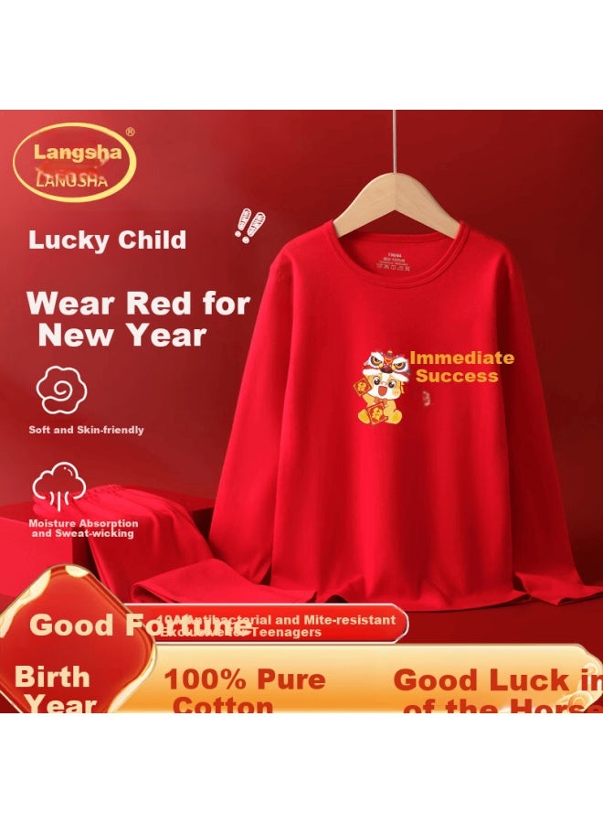 LANG SHA Langsha Youth Red Thermal Underwear Set For Women, Pure Cotton, Qi Ji Red, Suitable For High School Students, Year Of The Horse Autumn Clothes And Pants - Image 1