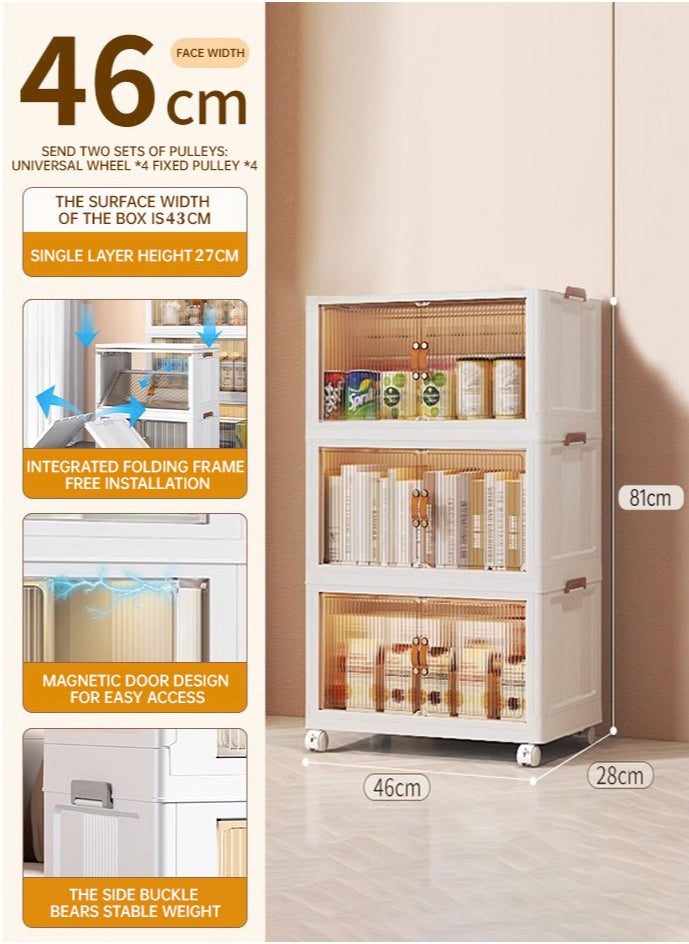Leego - Folding Storage Cabinet with doors, 3 Layers Plastic Storage Bins with Wheels，Stackable, Portable Storage，for Kitchen, Study, Living Room, Bedroom and Other Places - Image 1