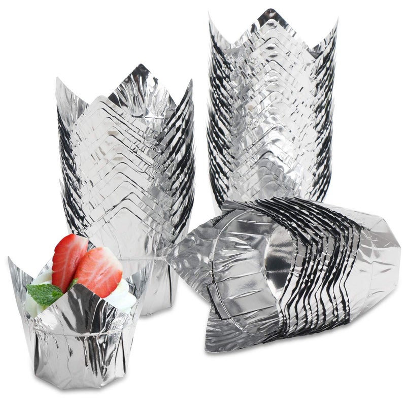 EUSOAR 50Pcs Aluminum Foil Baking Cups Disposable Tulip Style Cupcake Cups Silver Perfect for Parties Birthdays Weddings