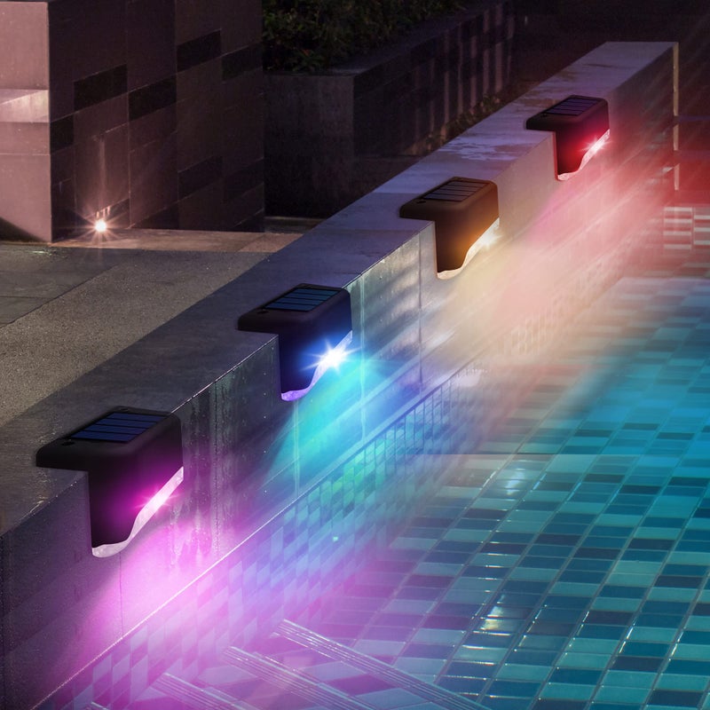 Solar Pool Side Lights 4Pack Color Changing Waterproof Light up Swimming Pool Accessories Night Outdoor LED Deck Lights for Stairs Step Fence Yard Patio and Pathway Decor