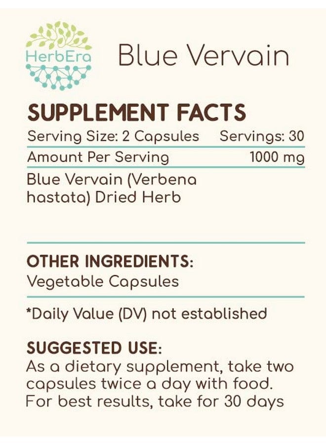 HerbEra Blue Vervain 60 Capsules, 500 mg, Blue Vervain (Verbena Hastata) Dried Herb (60 Capsules) - Image 4