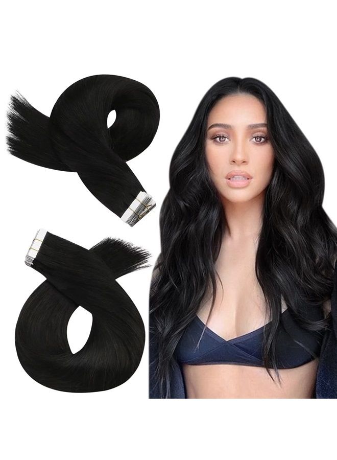 Moresoo Black Tape in Hair Extensions Human Hair Real Hair Extensions Tape in Natural Black Tape in Extensions Human Hair PU Skin Weft Hair Extensions Tape in 22 Inch #1B 20pcs 50g - Image 1