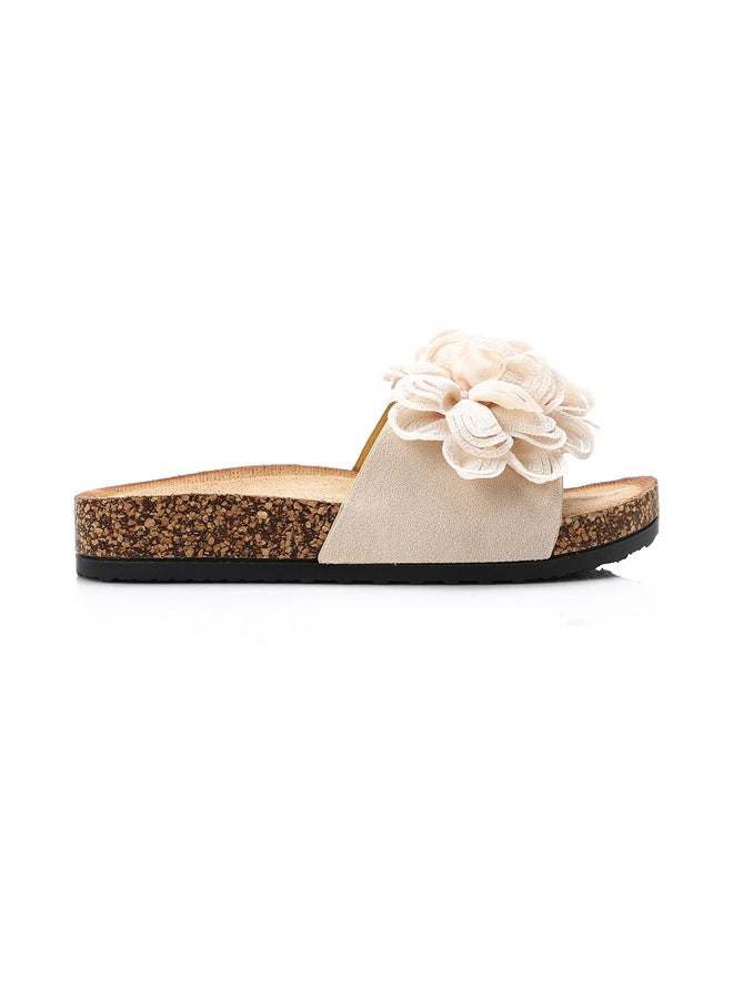DejaVu Beige Decorative Flower Slip On Flat Slippers  - Image 1