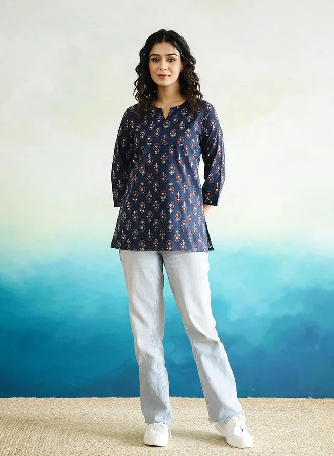 sanskrutihomes sanskrutihomes Floral Print Notch Neck Cotton Top