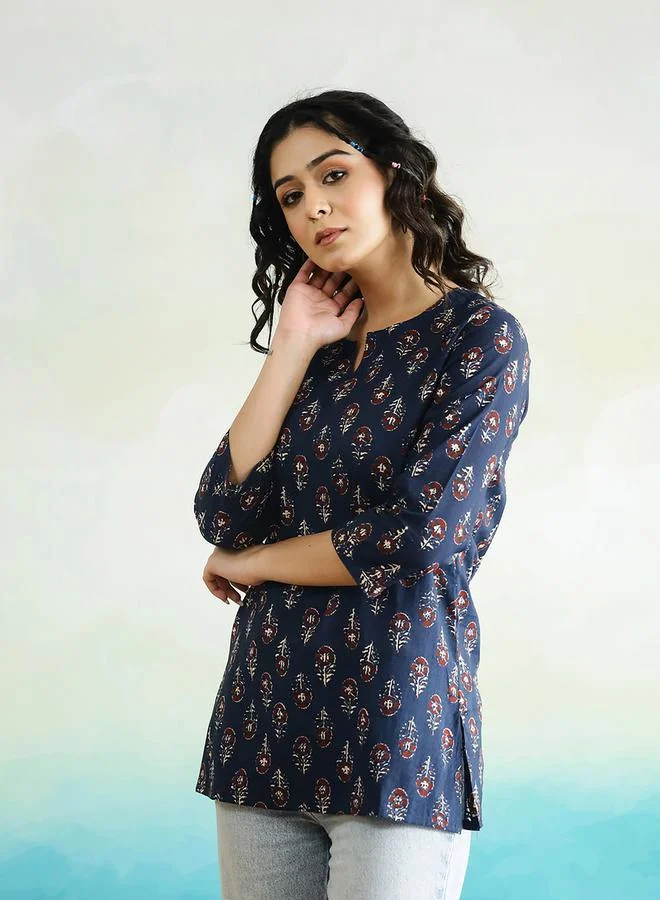 sanskrutihomes sanskrutihomes Floral Print Notch Neck Cotton Top