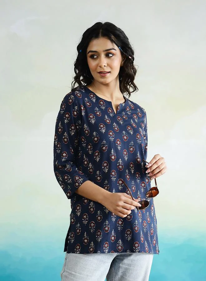 sanskrutihomes sanskrutihomes Floral Print Notch Neck Cotton Top