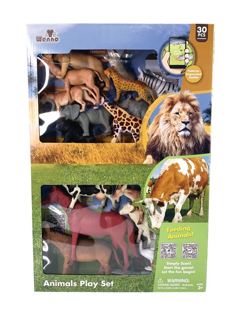 WENNO مجموعة ألعاب الحيوانات 30 قطعة في صندوق ضخم (برية، مزرعة) - Image 1