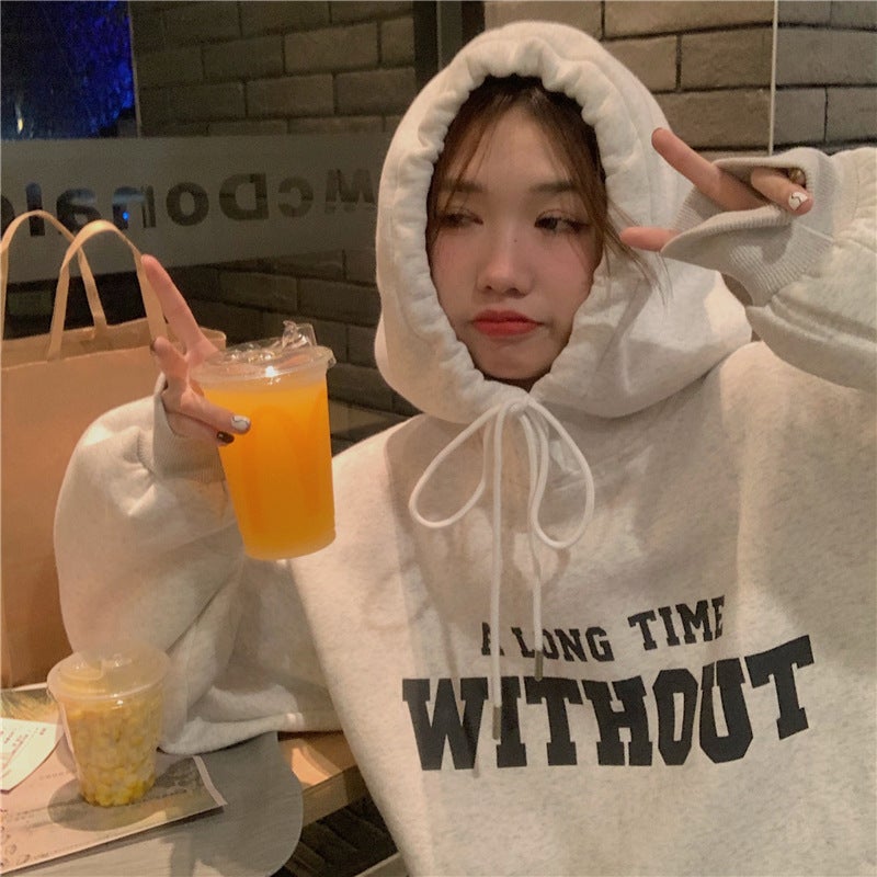 Fleece Lined Hoodie Womens Letter Print Loose Sweatshirt Oat Gray  - Image 5
