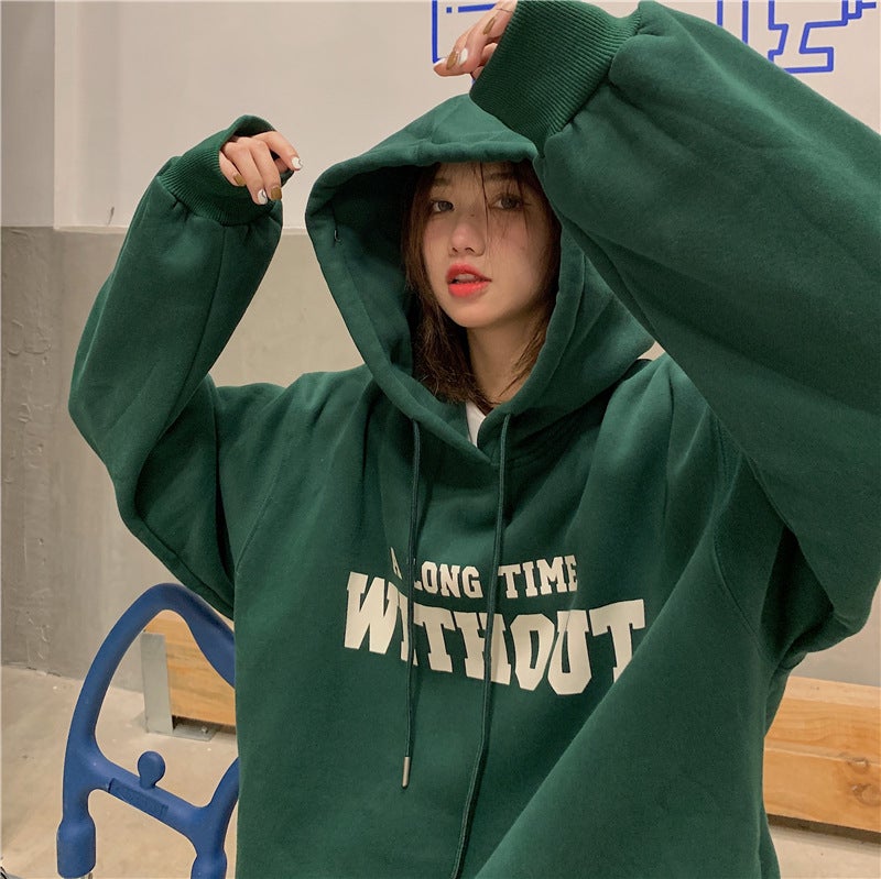 Fleece Lined Hoodie Womens Letter Print Loose Sweatshirt Oat Gray  - Image 4