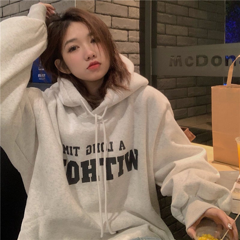 Fleece Lined Hoodie Womens Letter Print Loose Sweatshirt Oat Gray  - Image 3