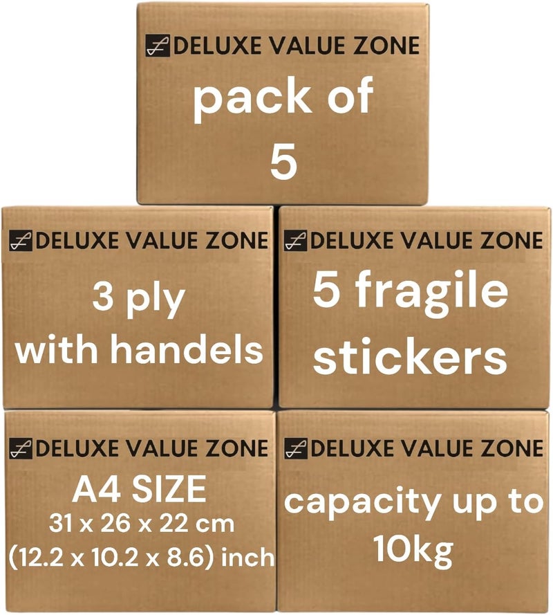 KEYWINS ® 3 Ply A4 Sizes Kraft Cartoon Storage Boxes-L31 x W26 x H22 cm Pack Of 5 Pieces With 5 pices (Fragile) With Handles-Carton cardboard box for Moving And Backing And Shipping -100% Recyclable - Image 1
