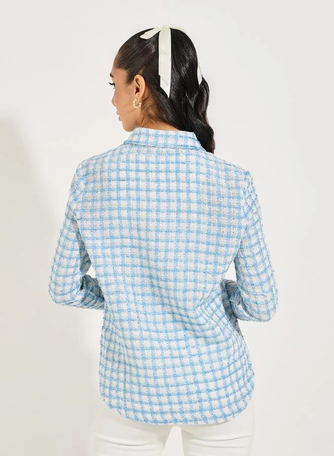 Styli Tweed Oversized Shirt with Pocket Detail
