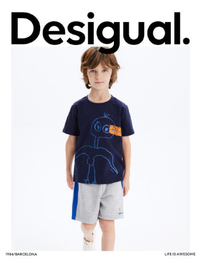 DESIGUAL تي شيرت رجالي فضفاض من القطن بطباعة وياقة دائرية للأولاد - Image 1