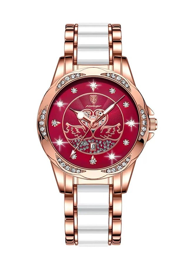 POEDAGAR POEDAGAR Women's Fashion Watch - Rose Gold Plated Stainless Steel Bracelet with Wine Red Dial, 30m Water Resistant, Elegant Design for Daily Wear, Business Occasions & Festive Celebrations  - Image 1