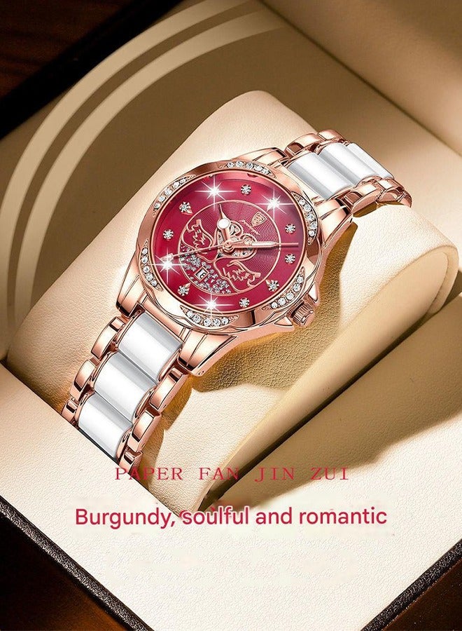 POEDAGAR POEDAGAR Women's Fashion Watch - Rose Gold Plated Stainless Steel Bracelet with Wine Red Dial, 30m Water Resistant, Elegant Design for Daily Wear, Business Occasions & Festive Celebrations  - Image 2