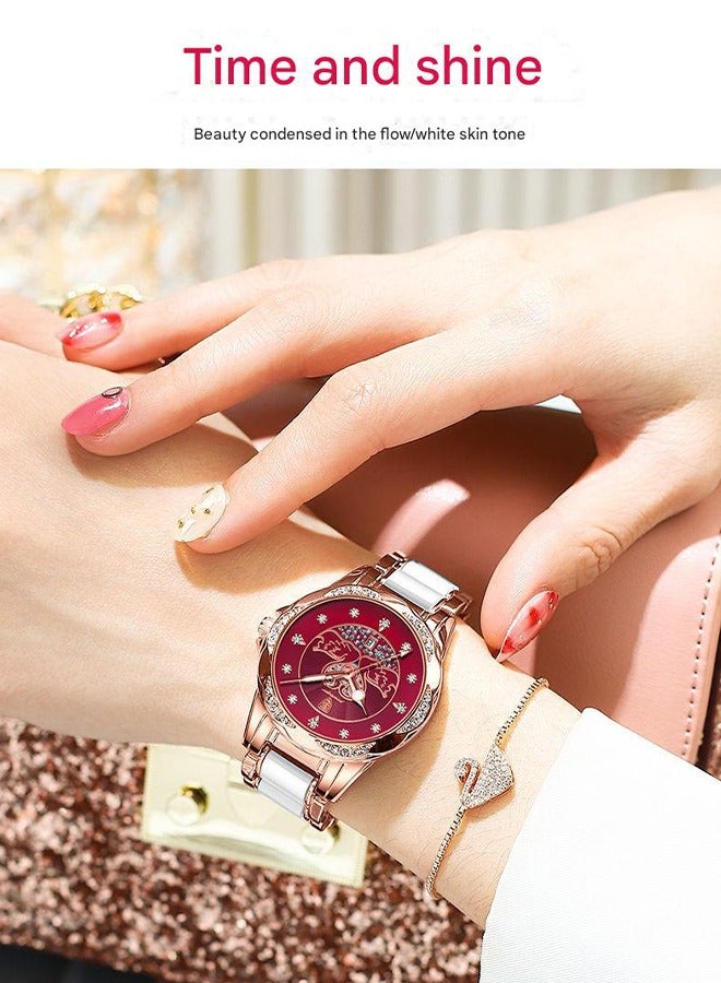 POEDAGAR POEDAGAR Women's Fashion Watch - Rose Gold Plated Stainless Steel Bracelet with Wine Red Dial, 30m Water Resistant, Elegant Design for Daily Wear, Business Occasions & Festive Celebrations  - Image 3
