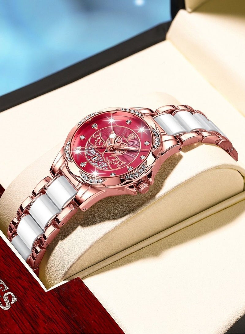 POEDAGAR POEDAGAR Women's Fashion Watch - Rose Gold Plated Stainless Steel Bracelet with Wine Red Dial, 30m Water Resistant, Elegant Design for Daily Wear, Business Occasions & Festive Celebrations  - Image 4