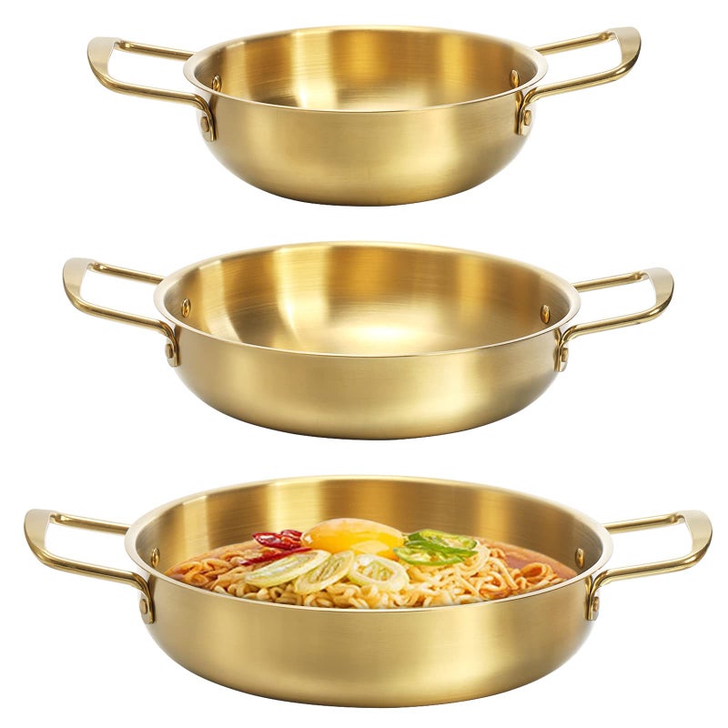 Okllen Set of 3 Korean Ramen Noodle Pot with Handles Stainless Steel Everyday Pan Golden Korean Cooking Pot for Soup Noodle Pasta Home and Outdoor Dishwasher Safe Size 7 87 95