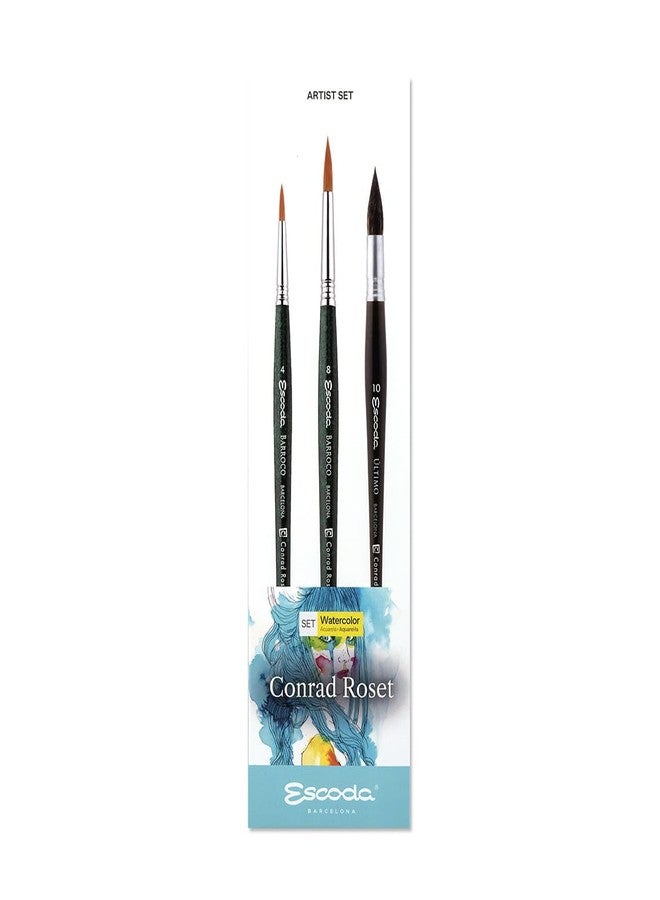 Escoda | Watercolour | Artist Set Conrad Roset | Size 4,8,10 | 3 Brushes | Synthetic Gold Toray + Tendo | Round mop + Round Pointed - Image 1