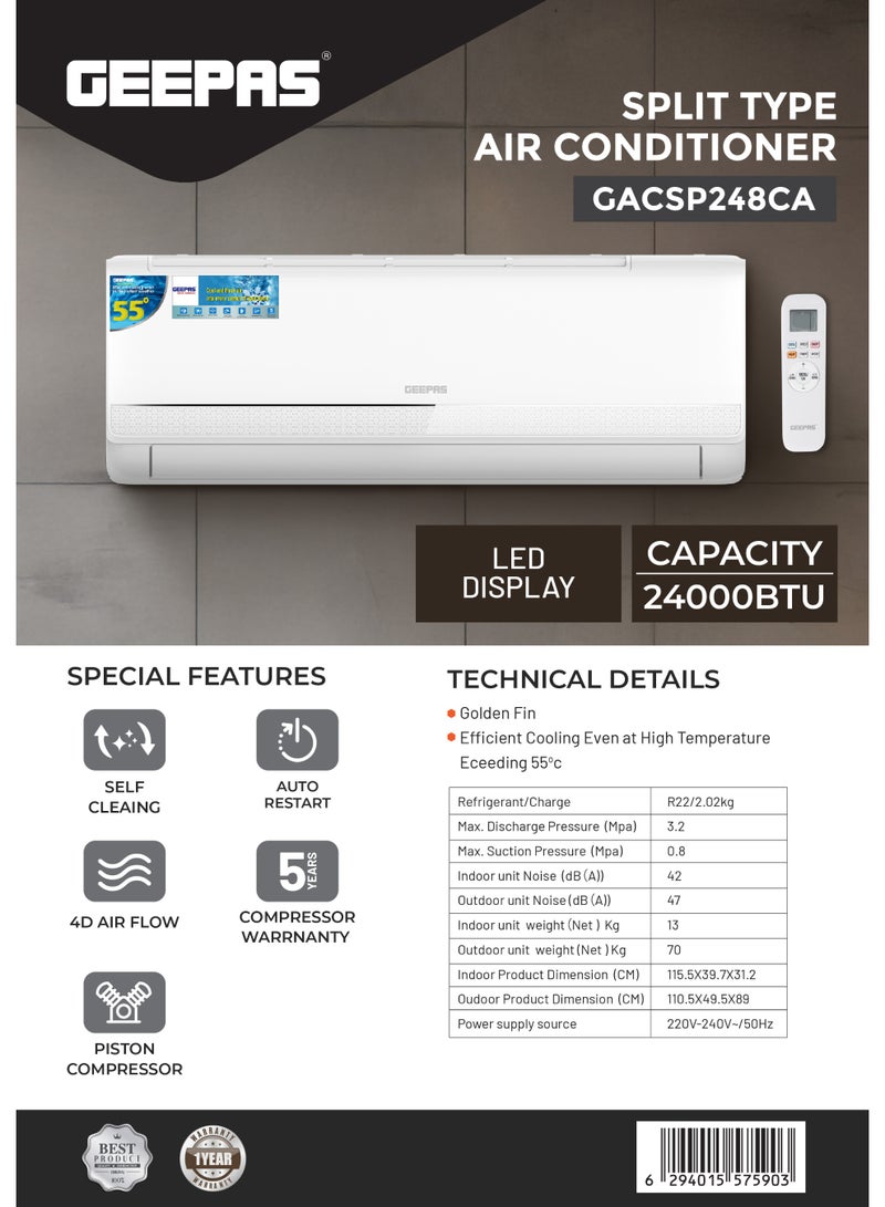 GEEPAS 2.0 Ton Split Type Air Conditioner with LED Display Auto Restart Function, Elegant Design, Ideal for Bedrooms, Living Rooms, Study Spaces, Offices, etc| GACSP248CA White - Image 3