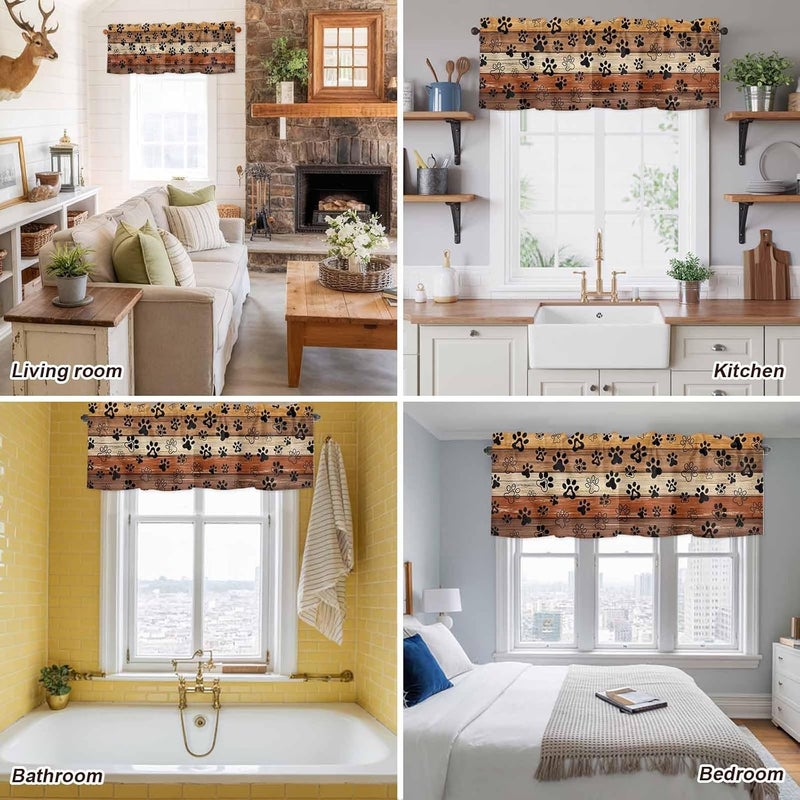Burnt Orange Brown Valances for Windows, Short Curtains for Kitchen/Bathroom, Farmhouse Dog Paw Vintage Rod Pocket Window Treatment for Living Room/Doorway/Bedroom/Cafe Decor Panel 54"x18" - Image 5