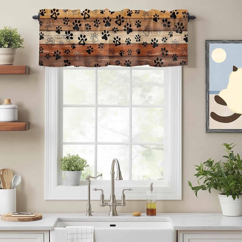 Burnt Orange Brown Valances for Windows, Short Curtains for Kitchen/Bathroom, Farmhouse Dog Paw Vintage Rod Pocket Window Treatment for Living Room/Doorway/Bedroom/Cafe Decor Panel 54"x18" - Image 2