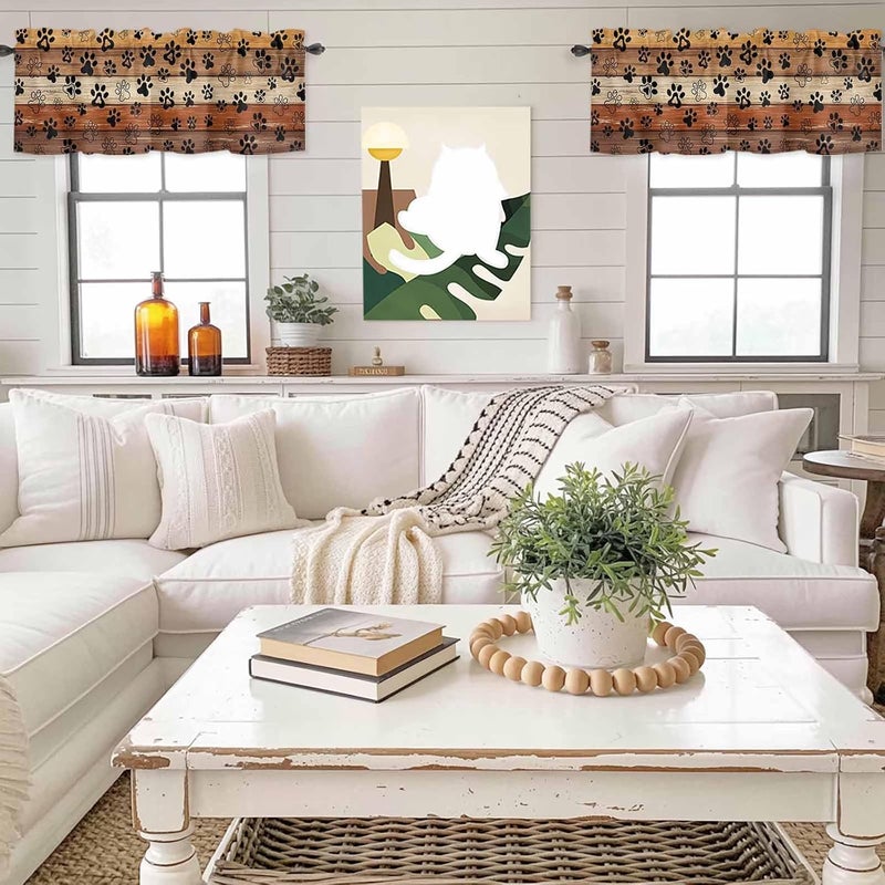 Burnt Orange Brown Valances for Windows, Short Curtains for Kitchen/Bathroom, Farmhouse Dog Paw Vintage Rod Pocket Window Treatment for Living Room/Doorway/Bedroom/Cafe Decor Panel 54"x18" - Image 4