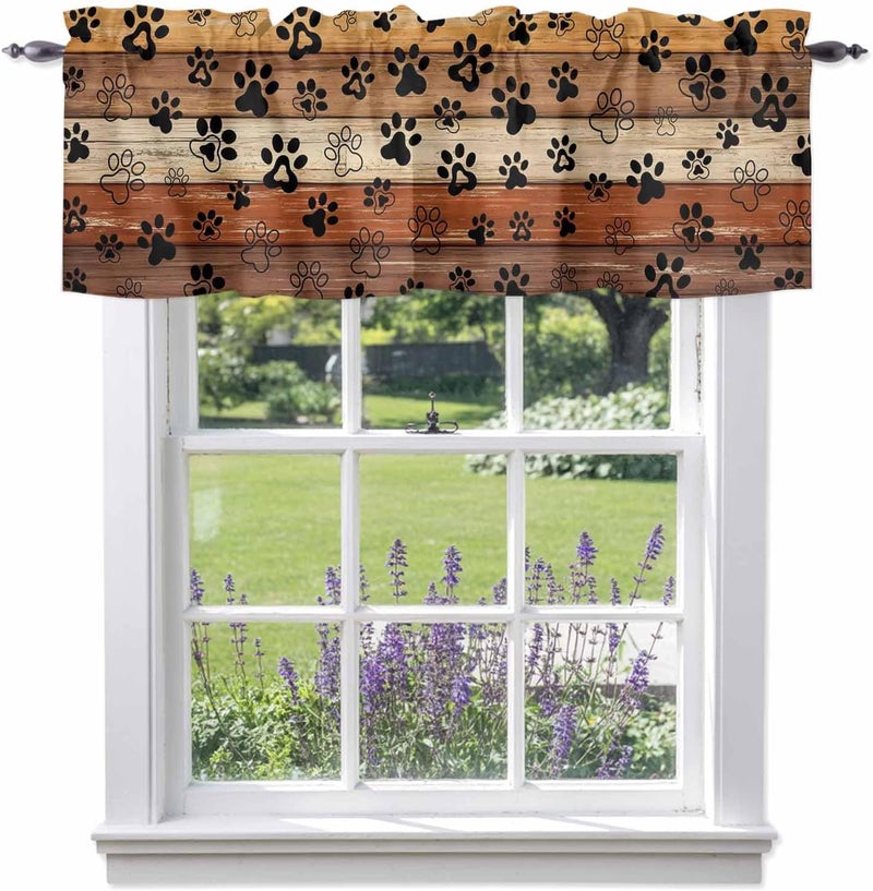 Burnt Orange Brown Valances for Windows, Short Curtains for Kitchen/Bathroom, Farmhouse Dog Paw Vintage Rod Pocket Window Treatment for Living Room/Doorway/Bedroom/Cafe Decor Panel 54"x18" - Image 1