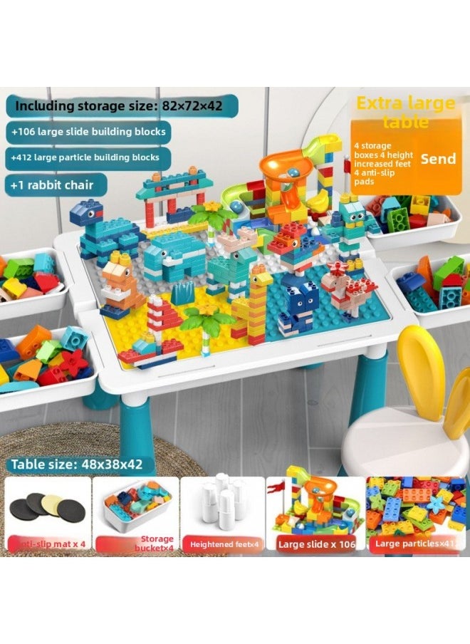 null - Compatible Children's Building Blocks Table Assembled Educational Toys Gift Male-Year-Old Baby Multifunctional Game Table-Colour:Extra Large Table + 4 Income Increases + 545 Particles + Rabbit Chair - Image 1