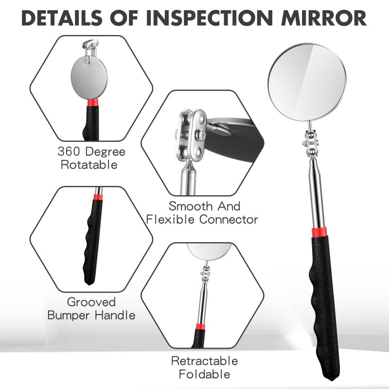 Copkim 1 Pcs Telescoping Inspection Mirror Mechanics Automotive Tool with Long Handle Extendable Mirror on a Stick for Technicians Mechanics Contractors Checking Observation(Black,50mm Round) - Image 3