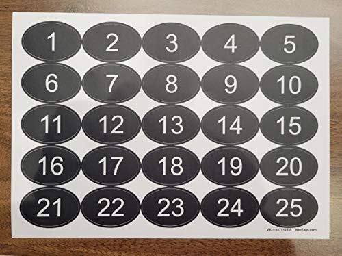NapTags Oval Numbered Vinyl Decal Stickers, Flexible Vinyl with Acrylic Adhesive Backer, 1.875 inches x 1.25 inches (Black with White Numbers, 1-25) - Image 3
