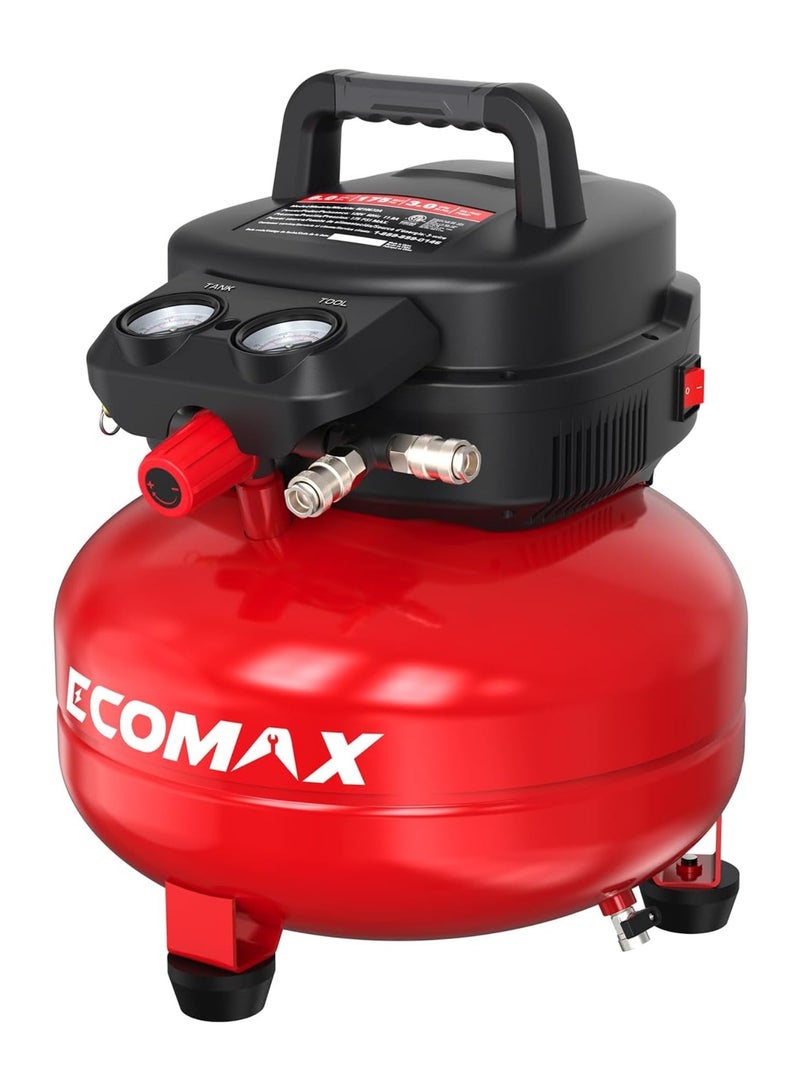 ecomax ضاغط هواء إيكوماكس 23 لتر، خالي من الزيت، 1400 واط، 8-10 بار، خزان فطيرة - Image 1