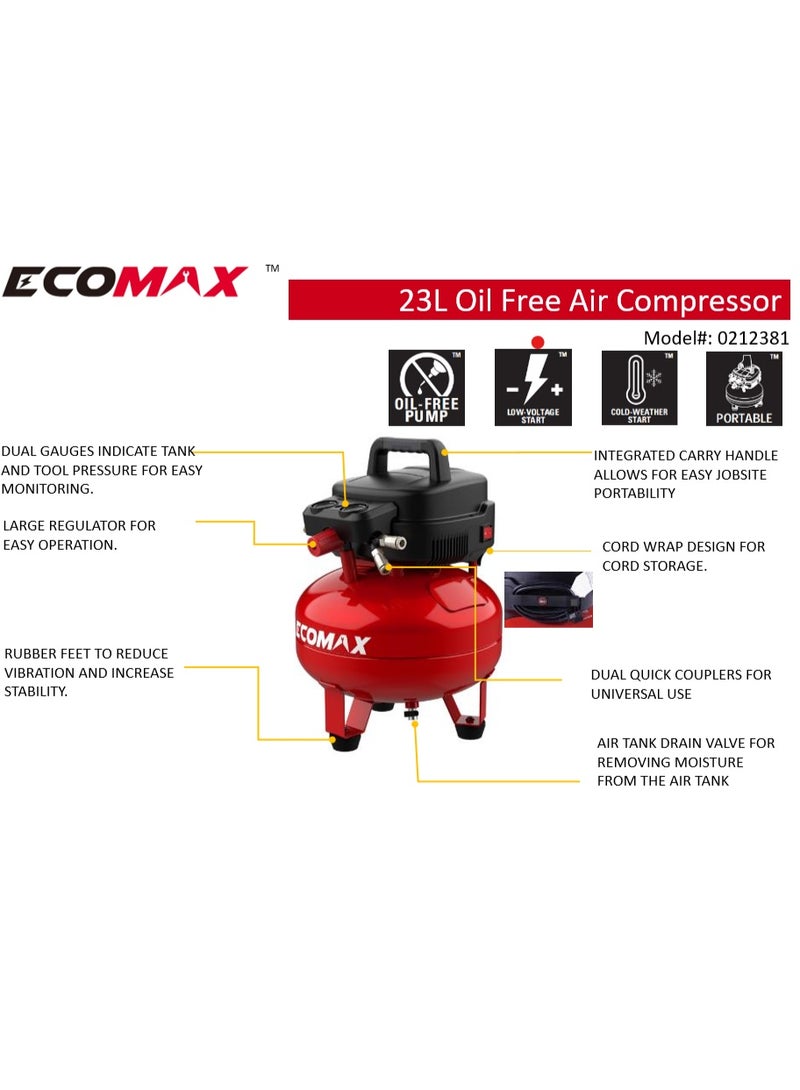 ecomax ضاغط هواء إيكوماكس 23 لتر، خالي من الزيت، 1400 واط، 8-10 بار، خزان فطيرة - Image 3