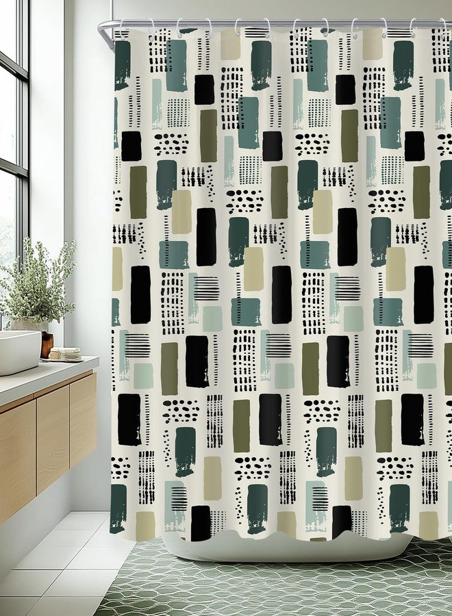 Cinbloo Sage Green Geometric Boho 72Wx72H Shower Curtain Cute Retro Bohemian Black Checkered Pattern Dots Lines Vintage Unique Minimalist Bathroom Curtain Set Artistic Bath Bathroom Accessories Decor - Image 1