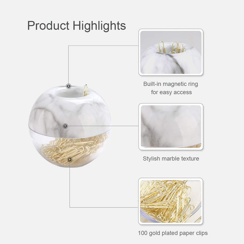 MultiBey Gold Paper Clips in Elegant Magnetic Marble White Clip Holder, 28mm, 100 Clips per Box - Image 2