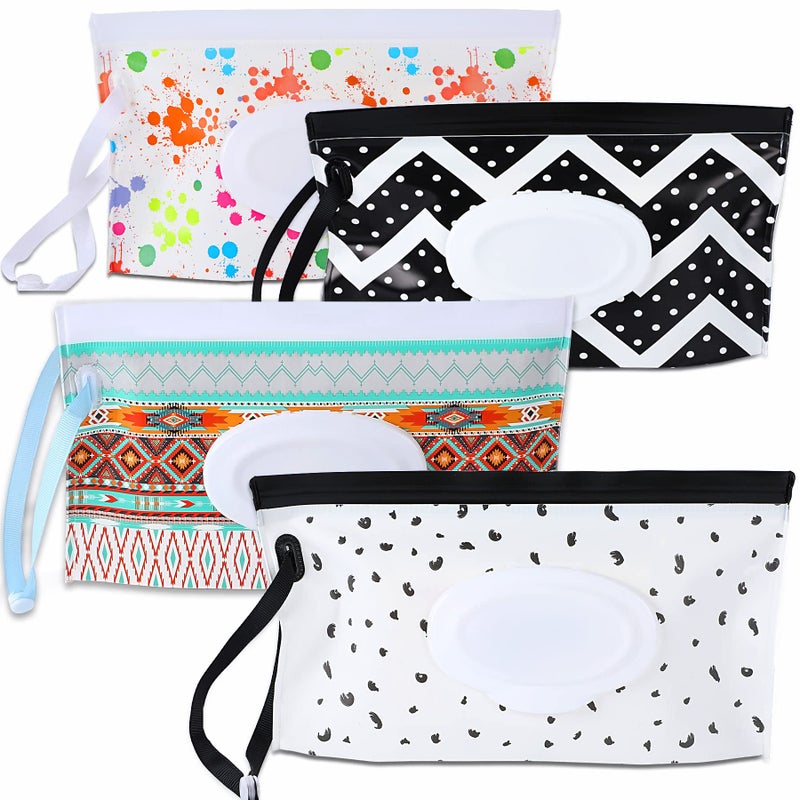 FEBSNOW 4 Pack Baby Refillable Baby Wet Wipe Dispenser Reusable Wipes Pouch Container Lightweight Portable Travel Wipes Holders