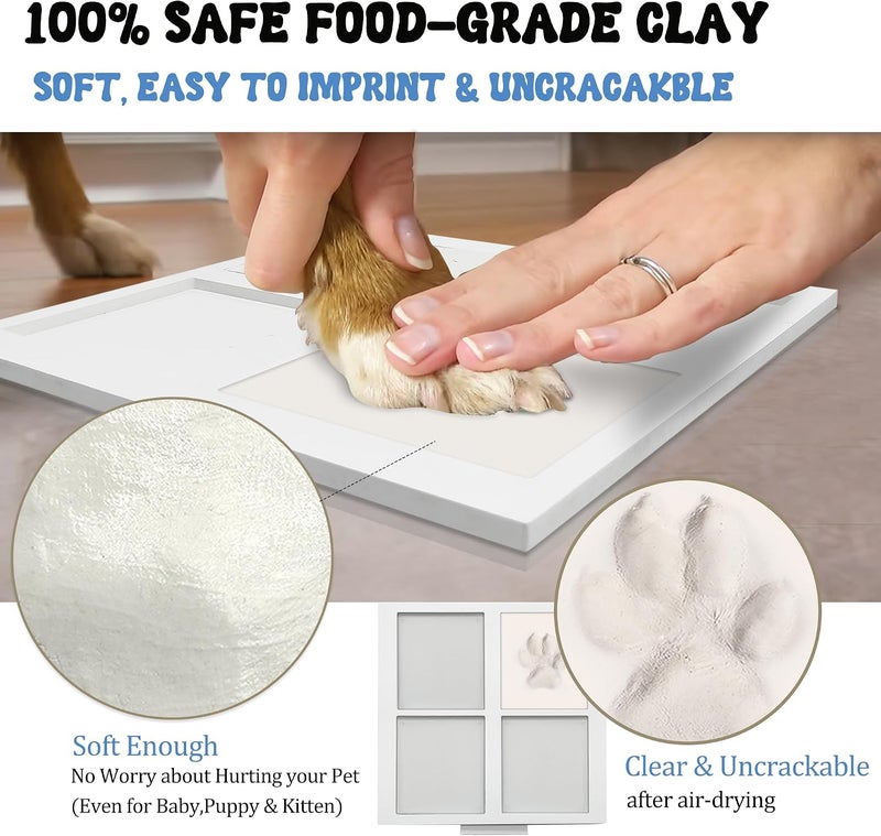 MYPAWLETS مجموعة للبصمات بالطين والحبر لـ 1-2 حيوانات أليفة، مجموعة بصمات أقدام الحيوانات الأليفة مع الحلي الصغيرة، مجموعة بصمات الكلاب بمساحة طين كبيرة، إطار صور تذكاري خشبي فاخر للكلاب، تذكار بصمة مخلب مخصص - Image 4