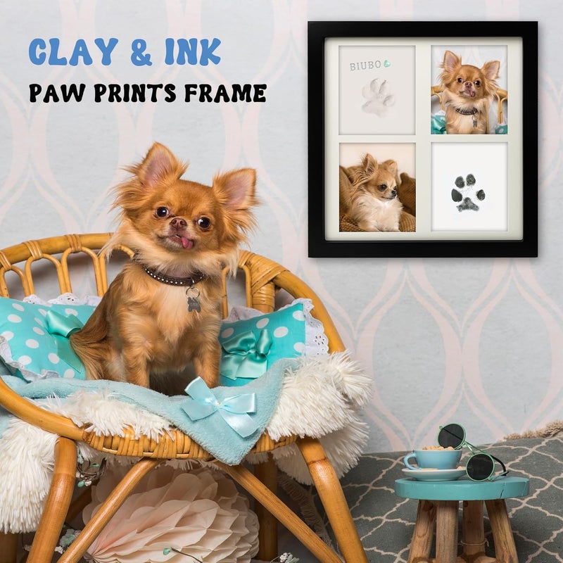 MYPAWLETS مجموعة للبصمات بالطين والحبر لـ 1-2 حيوانات أليفة، مجموعة بصمات أقدام الحيوانات الأليفة مع الحلي الصغيرة، مجموعة بصمات الكلاب بمساحة طين كبيرة، إطار صور تذكاري خشبي فاخر للكلاب، تذكار بصمة مخلب مخصص - Image 2