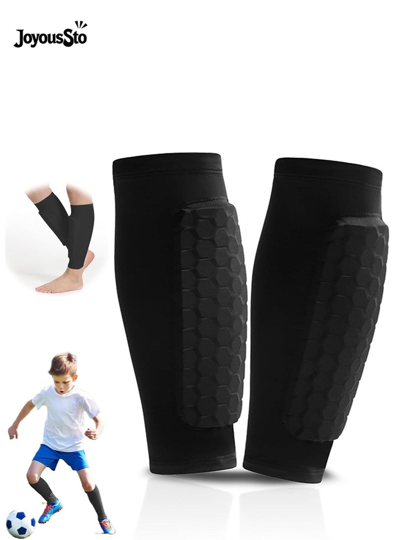 JoyousSto 2 Pcs Soccer Shin Guards, Shin Defender for Kids Youth Adults, Lightweight Calf Compression Sleeves with Honeycomb Pads, Football Baseball Basketball Taekwondo Protective Gear, Anti-Slip Design,Black - Image 1