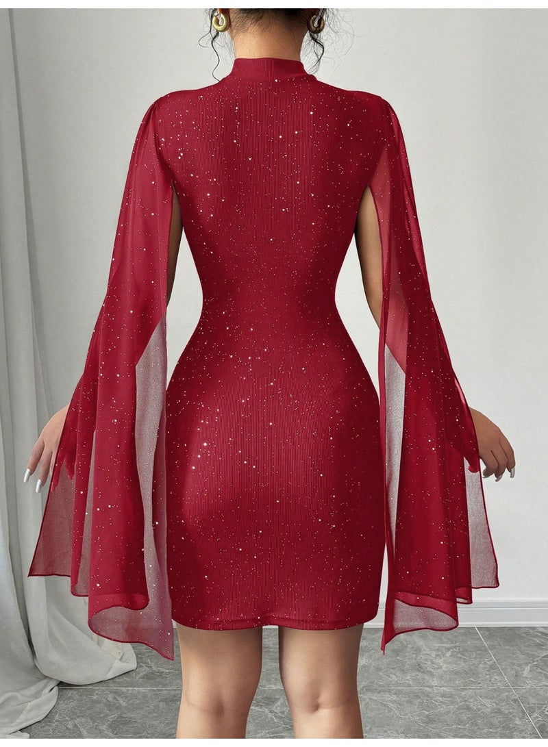 general Women's fashionable tight-fitting dress with a high collar and a pearl-silk blouse style - Image 2