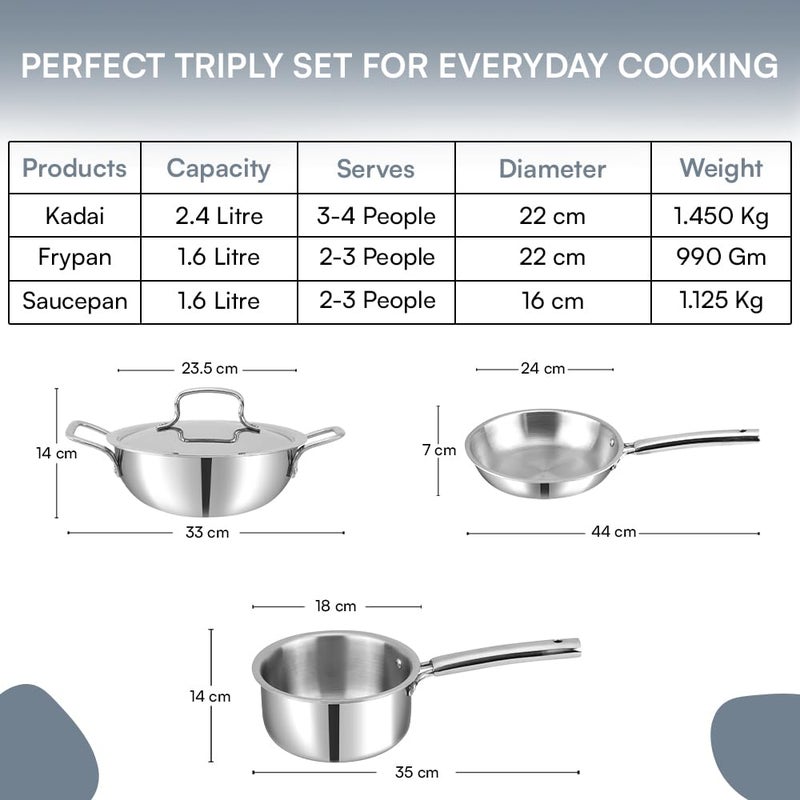 Kraft Futuretec Triply Stainless Steel Cookware Set | 4 Pc Triply Cookware Set | Extra Deep Kadai with Lid 3.2L, Frypan 22 cm, Saucepan (16 cm, 1.6L) | Gas, Induction, Oven Friendly - Image 2