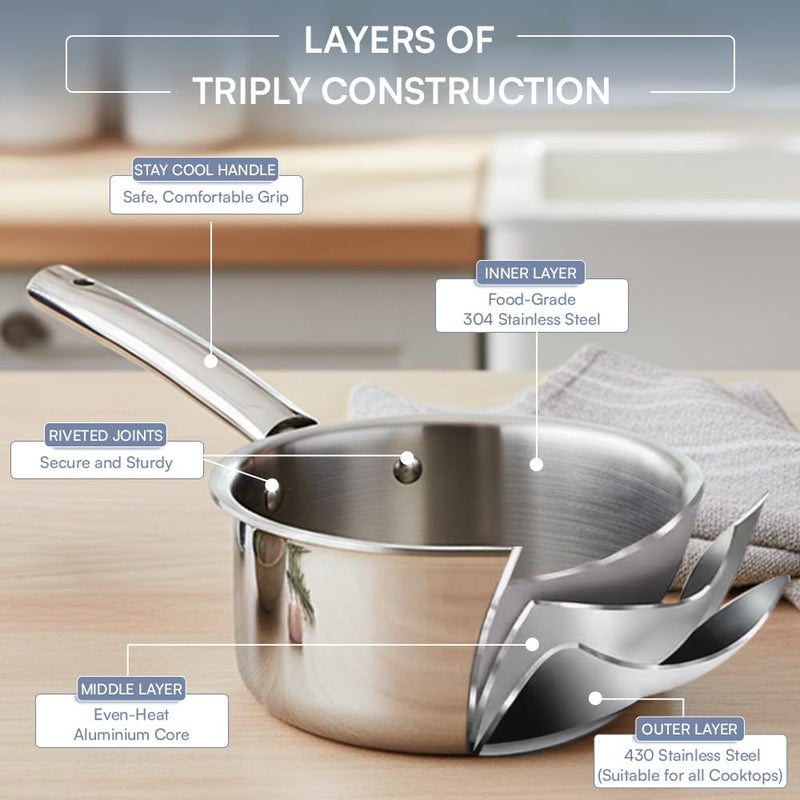 Kraft Futuretec Triply Stainless Steel Cookware Set | 4 Pc Triply Cookware Set | Extra Deep Kadai with Lid 3.2L, Frypan 22 cm, Saucepan (16 cm, 1.6L) | Gas, Induction, Oven Friendly - Image 4