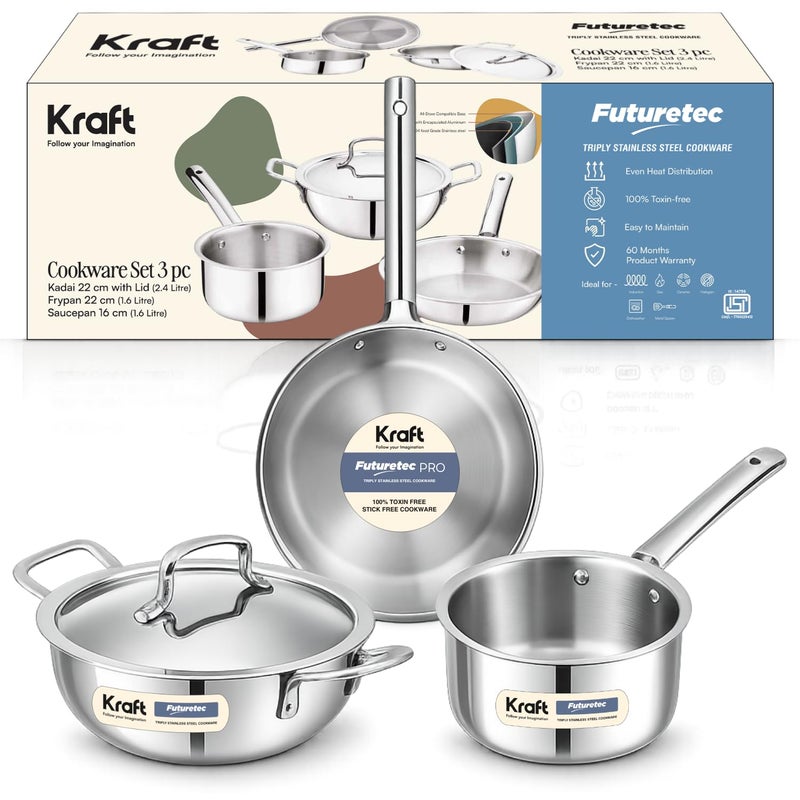 Kraft Futuretec Triply Stainless Steel Cookware Set | 4 Pc Triply Cookware Set | Extra Deep Kadai with Lid 3.2L, Frypan 22 cm, Saucepan (16 cm, 1.6L) | Gas, Induction, Oven Friendly - Image 1