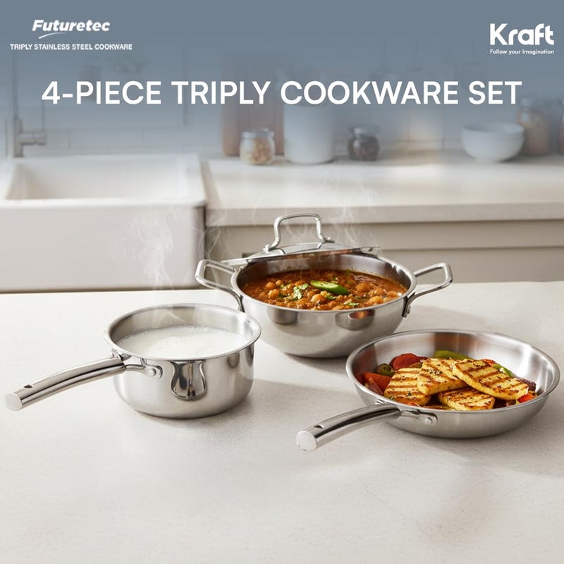 Kraft Futuretec Triply Stainless Steel Cookware Set | 4 Pc Triply Cookware Set | Extra Deep Kadai with Lid 3.2L, Frypan 22 cm, Saucepan (16 cm, 1.6L) | Gas, Induction, Oven Friendly - Image 3
