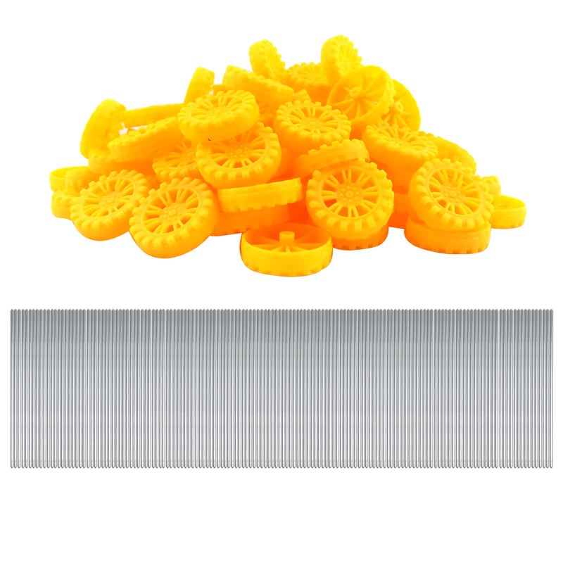 EUDAX EUDAX 300 PCS 30mmx8mm Plastic Roll 2mm Dia Shaft Toys Wheel and 2mmx100mm STEM Shaft Round Rod Axles for DIY Toy RC Car Truck Boat Helicopter Model Part Building Projects (Yellow)  - Image 1