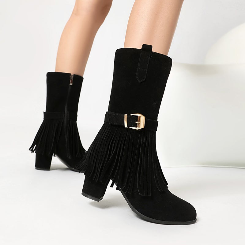 2024 Fashion High-Heeled Tassel Boots 40-48 Plus Size Suede Thick-Heeled Women'S Boots Trendy - Image 3