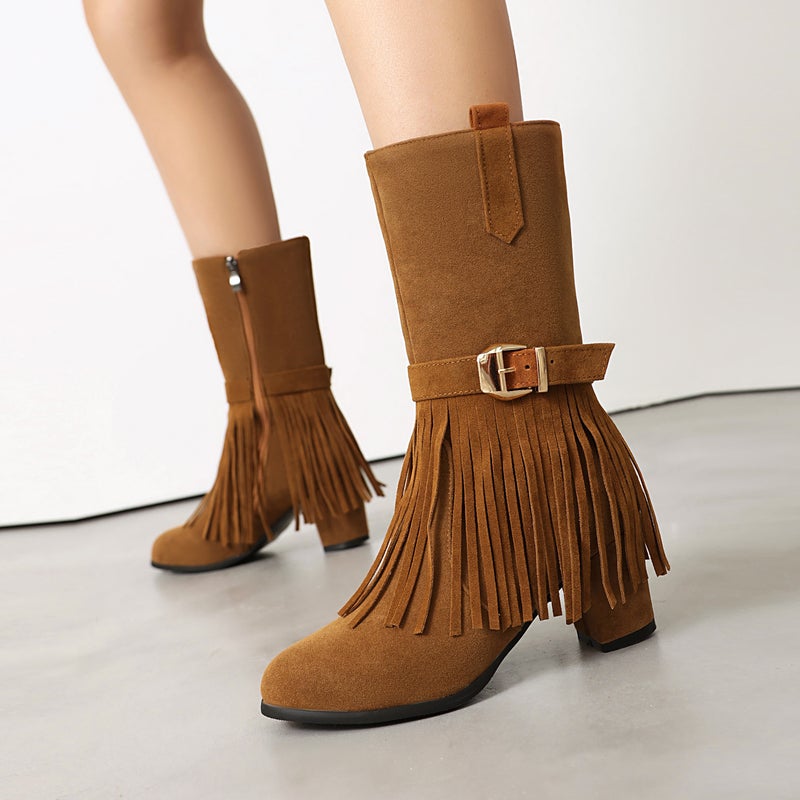 2024 Fashion High-Heeled Tassel Boots 40-48 Plus Size Suede Thick-Heeled Women'S Boots Trendy - Image 2